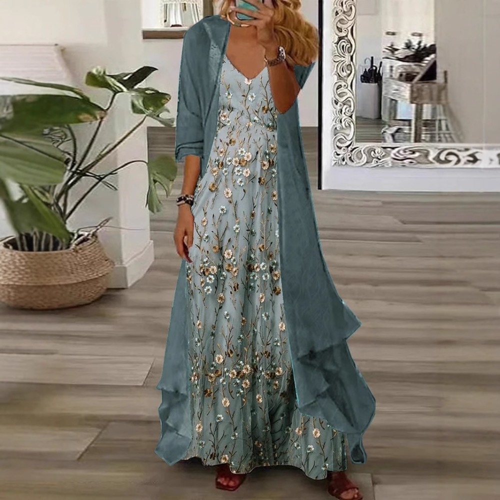 Summer Alt Clothing - Vintage Chiffon-Cardigan mit Druckmuster, 2-teiliges Camisole-Kleid,