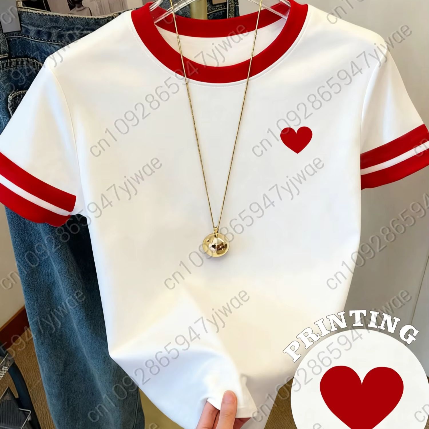 Summer Days Clothing - Damen Kurzarm-T-Shirt mit rotem Herz-Print zum