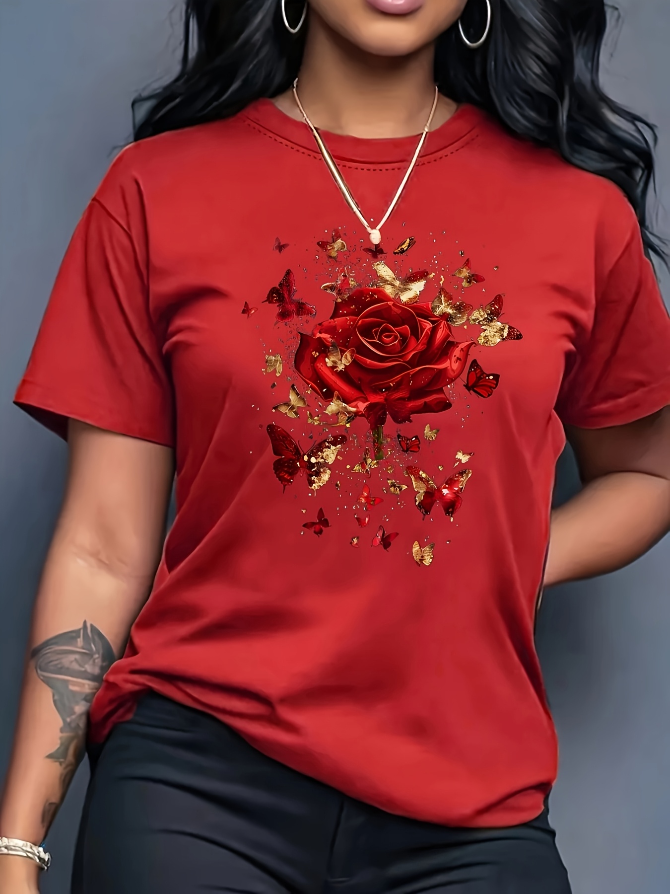 Summer Rose Clothing - Damen Freizeit-Sport-T-Shirt mit Blumenmuster, roter Rose