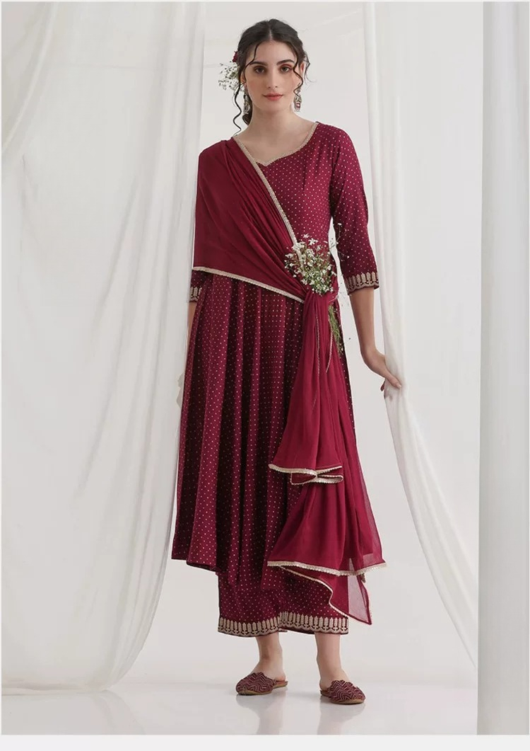 Summer Clothing India - Damen Maroon Ethnisches Kurta-Set mit Polka-Dot-Print